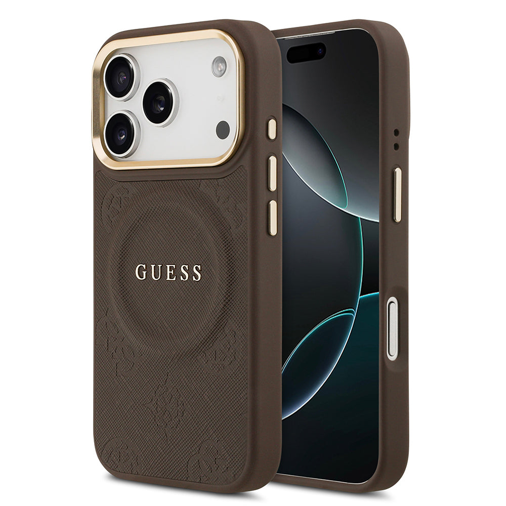 Guess iPhone 17 Pro Orjinal Lisanslı M-safe Şarj Özellikli Sıcak Baskılı Yazı Logolu PU Deri Peony Kılıf