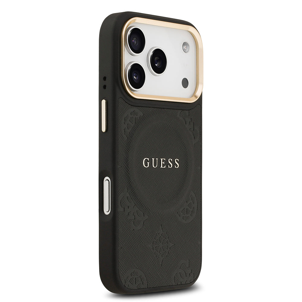 Guess iPhone 17 Pro Orjinal Lisanslı M-safe Şarj Özellikli Sıcak Baskılı Yazı Logolu PU Deri Peony Kılıf