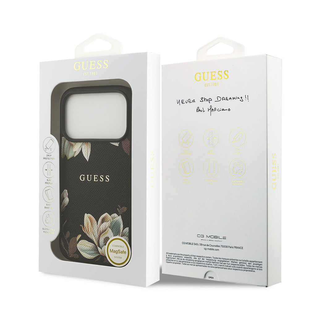 Guess iPhone 17 Pro Orjinal Lisanslı M-safe Şarj Özellikli Taneli Çiçek Tasarımlı Metal Yazı Logolu Kılıf