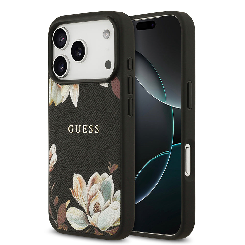 Guess iPhone 17 Pro Orjinal Lisanslı M-safe Şarj Özellikli Taneli Çiçek Tasarımlı Metal Yazı Logolu Kılıf