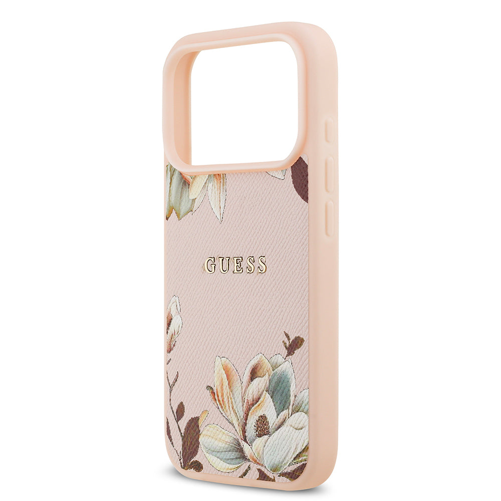 Guess iPhone 17 Pro Orjinal Lisanslı M-safe Şarj Özellikli Taneli Çiçek Tasarımlı Metal Yazı Logolu Kılıf