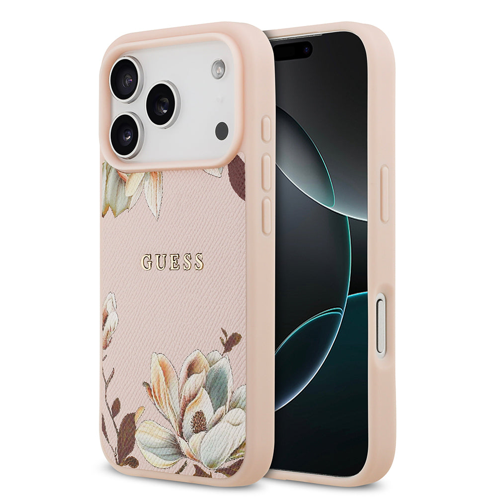 Guess iPhone 17 Pro Orjinal Lisanslı M-safe Şarj Özellikli Taneli Çiçek Tasarımlı Metal Yazı Logolu Kılıf