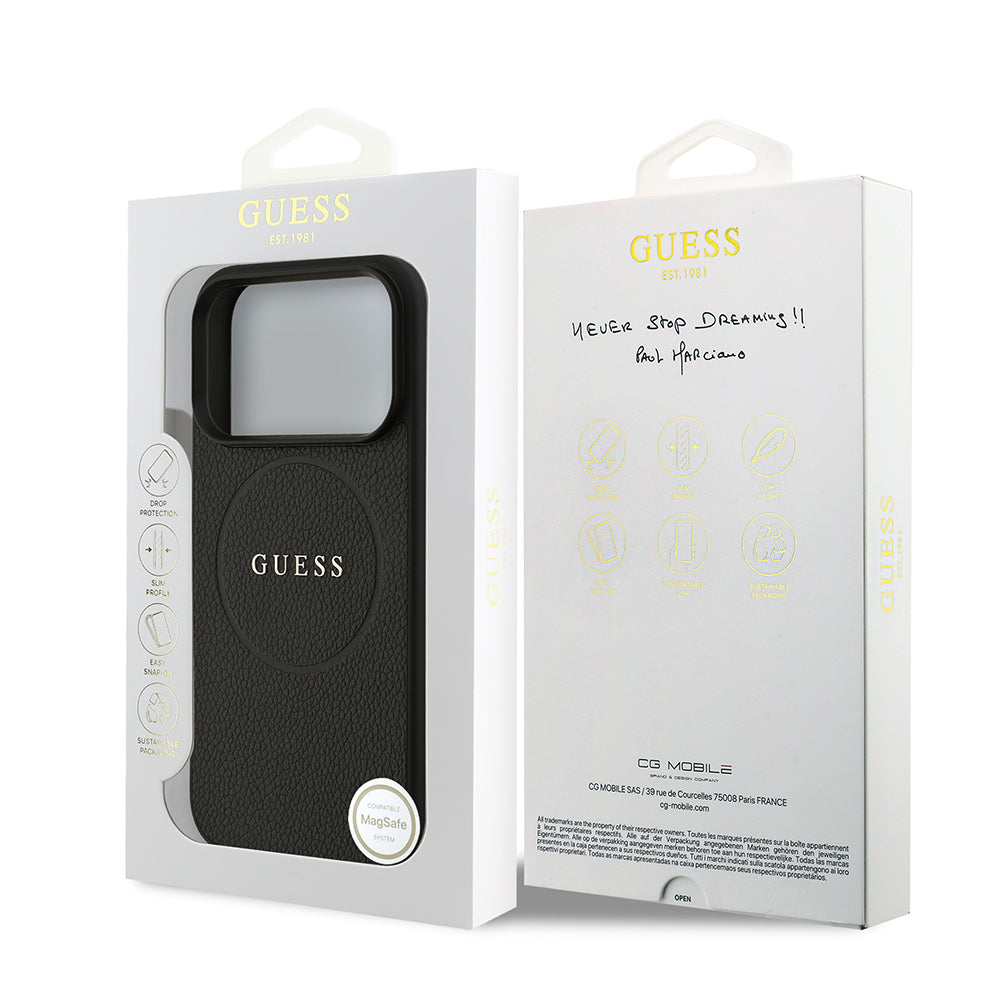 Guess iPhone 17 Pro Orjinal Lisanslı M-safe Şarj Özellikli Yazı Logolu PU Deri Kılıf