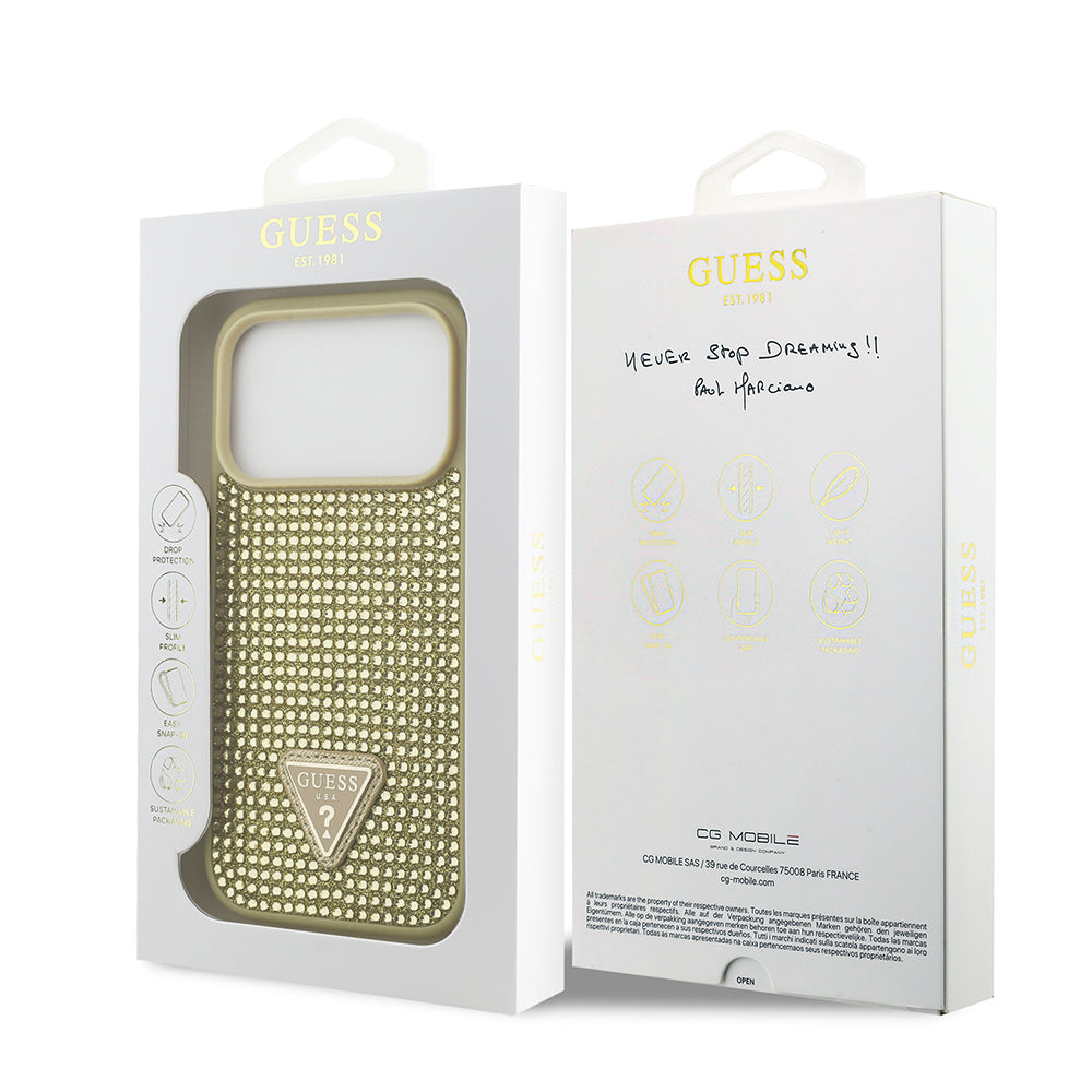Guess iPhone 17 Pro Orjinal Lisanslı Taşlı Arka Yüzey Üçgen Logolu Telefon Kılıfı