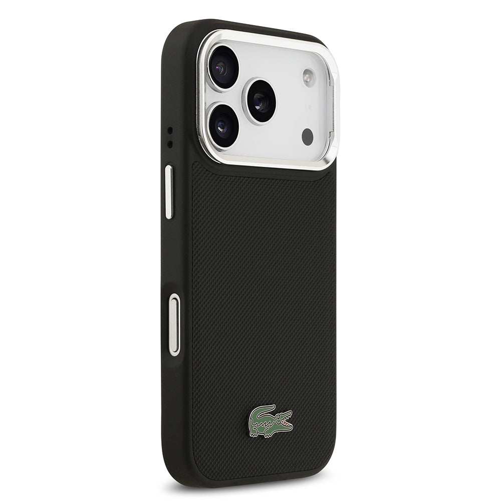 Lacoste iPhone 17 Pro Orjinal Lisanslı M-safe PU Pike Desenli Standlı Metal Logolu Kılıf