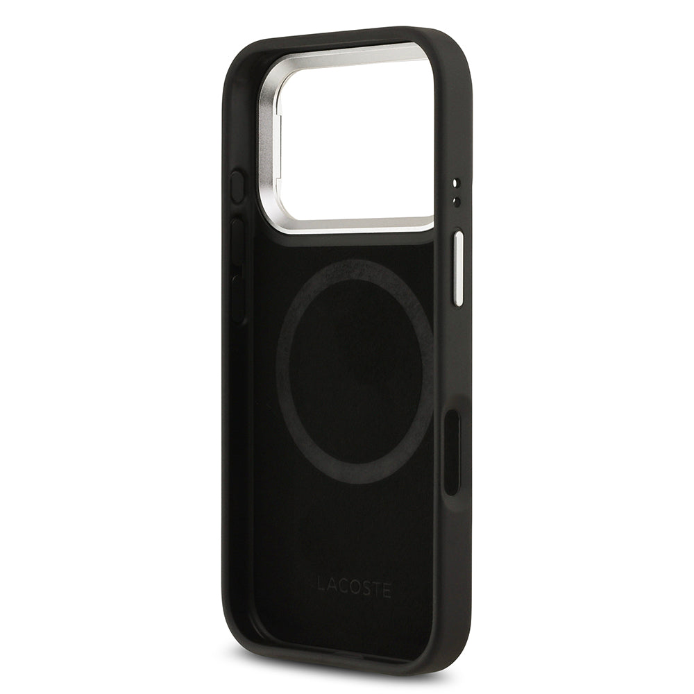 Lacoste iPhone 17 Pro Orjinal Lisanslı M-safe PU Pike Desenli Standlı Metal Logolu Kılıf