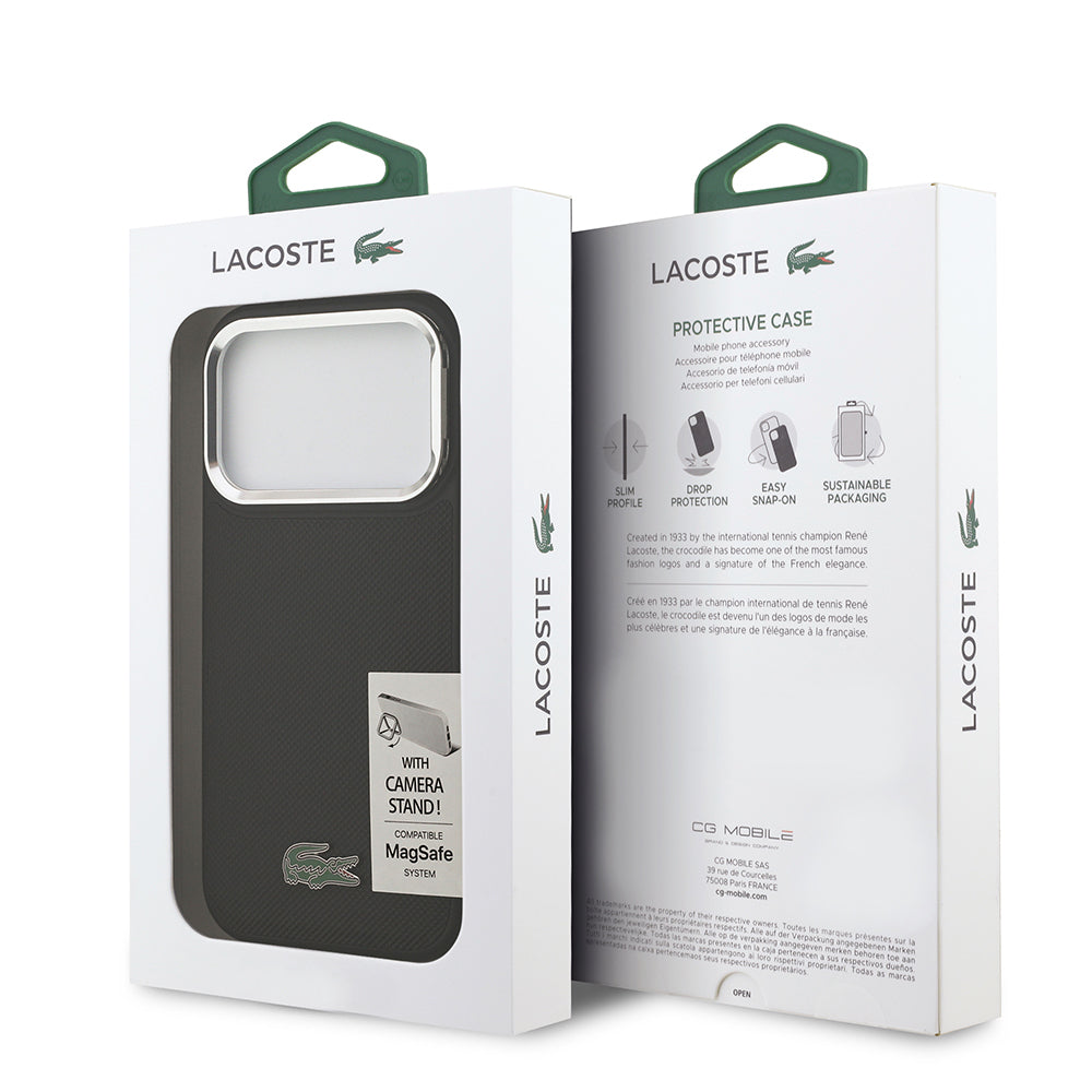 Lacoste iPhone 17 Pro Orjinal Lisanslı M-safe PU Pike Desenli Standlı Metal Logolu Kılıf
