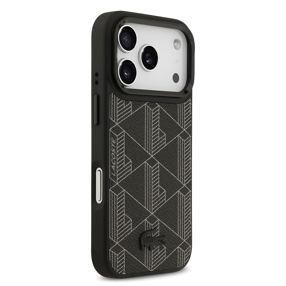 Lacoste iPhone 17 Pro Orjinal Lisanslı M-safe Şarj Özellikli Standlı PU Deri Karışık Monogram Desenli Kılıf