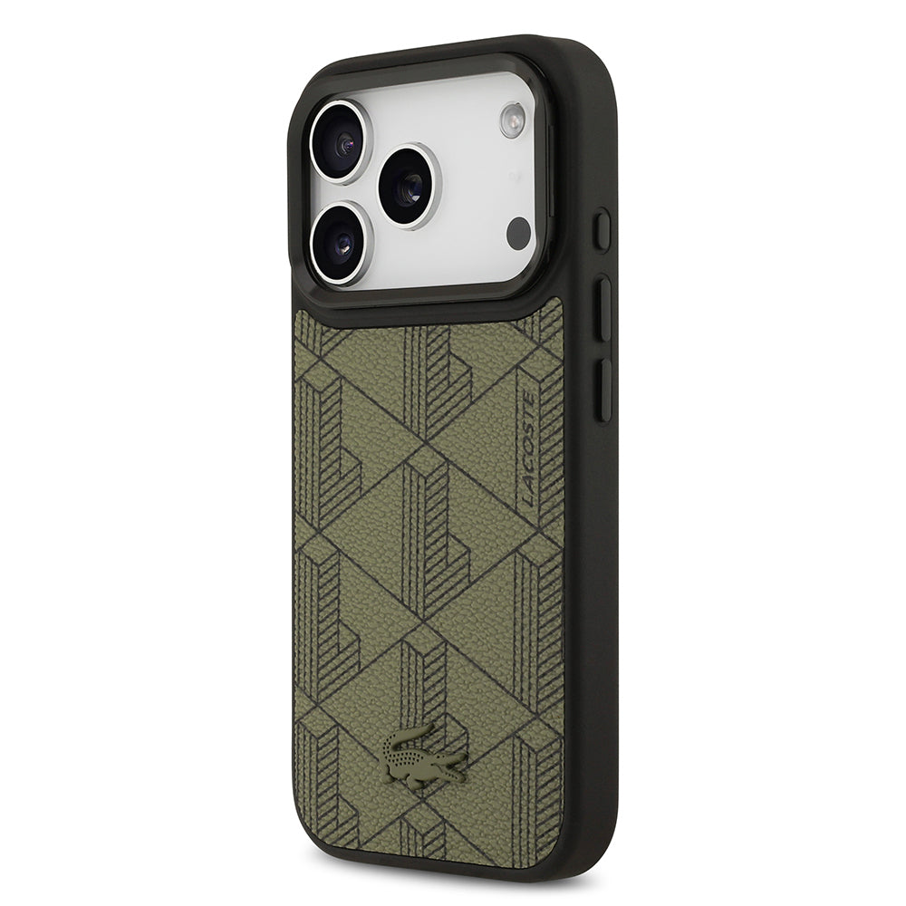 Lacoste iPhone 17 Pro Orjinal Lisanslı M-safe Şarj Özellikli Standlı PU Deri Karışık Monogram Desenli Kılıf