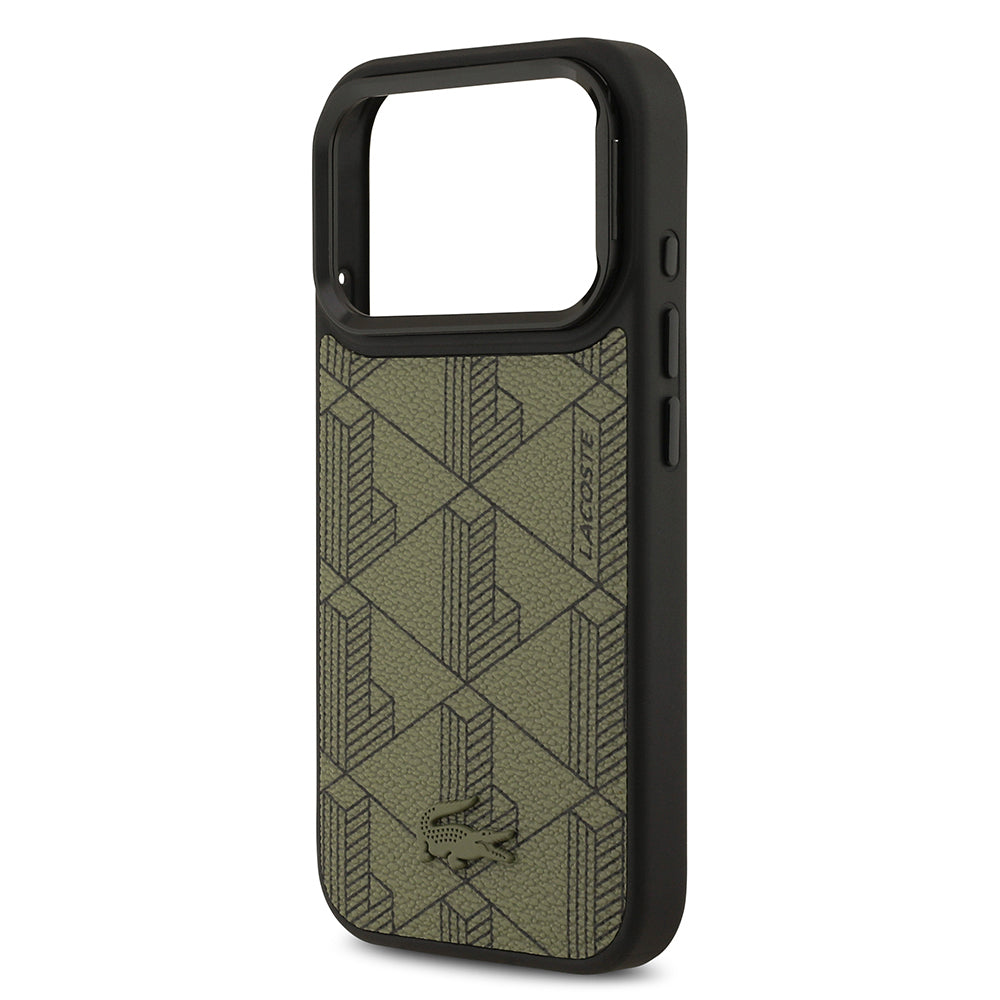 Lacoste iPhone 17 Pro Orjinal Lisanslı M-safe Şarj Özellikli Standlı PU Deri Karışık Monogram Desenli Kılıf