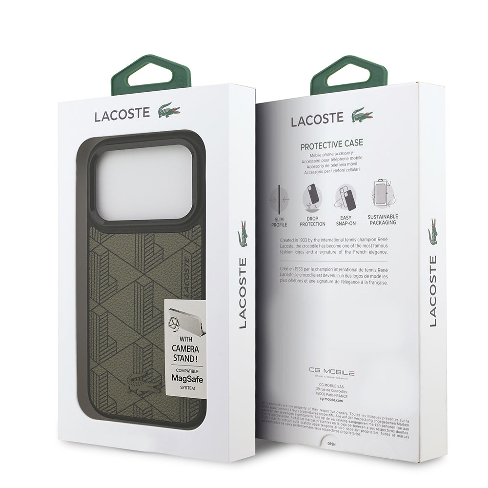 Lacoste iPhone 17 Pro Orjinal Lisanslı M-safe Şarj Özellikli Standlı PU Deri Karışık Monogram Desenli Kılıf