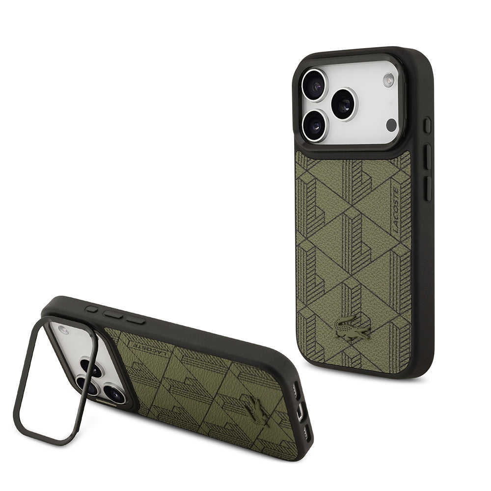 Lacoste iPhone 17 Pro Orjinal Lisanslı M-safe Şarj Özellikli Standlı PU Deri Karışık Monogram Desenli Kılıf