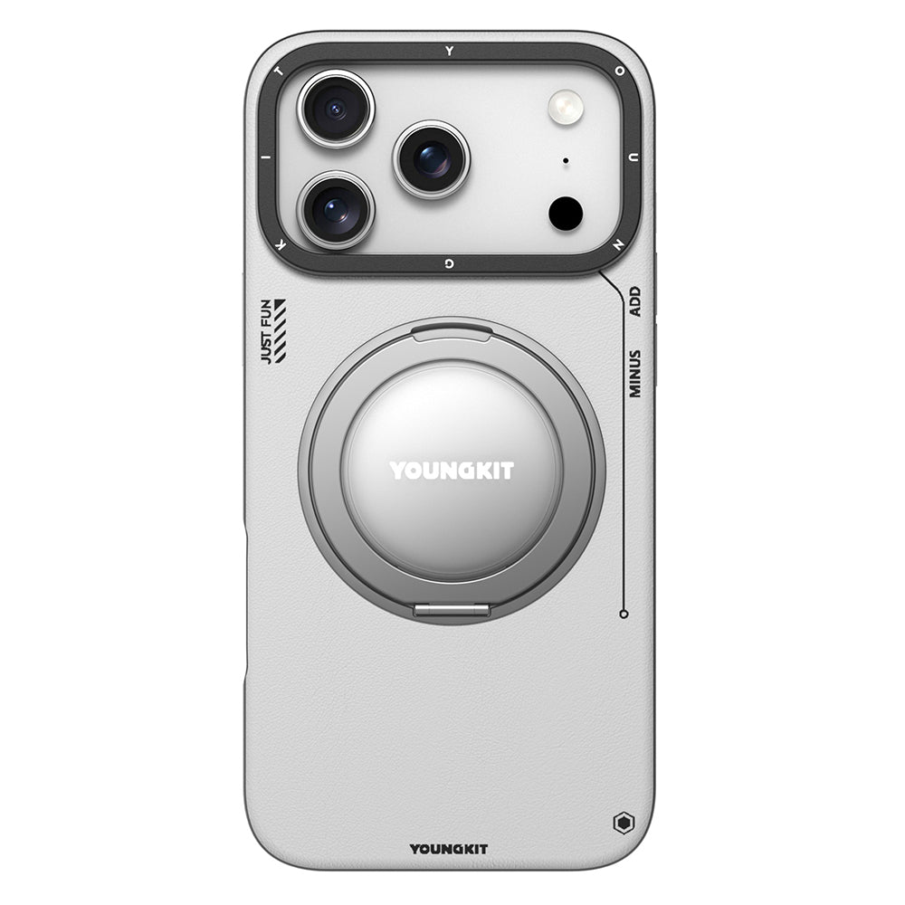 Youngkit Tech Leather Serisi iPhone 17 Pro M-safe Şarj Özellikli 360 Derece Standlı Basit Mat Deri Desenli Kılıf