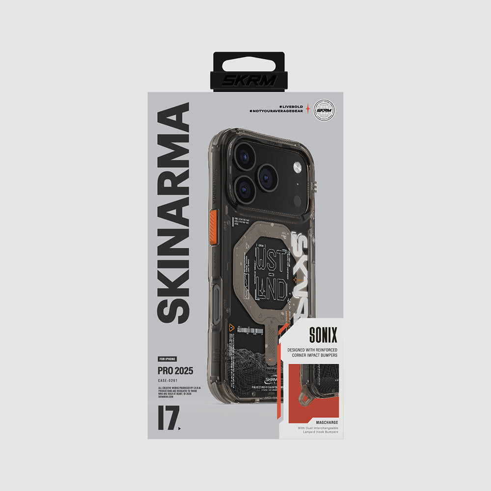 Skinarma iPhone 17 Pro M-safe Şarj Özellikli Yazı Desenli Airbag Tasarımlı Sonix Telefon Kılıfı