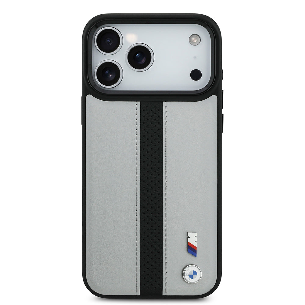 BMW iPhone 17 Pro Max Orjinal Lisanslı M-safe Deri Arka Yüzey Metal Logolu Delikli Şerit Tasarımlı Kılıf
