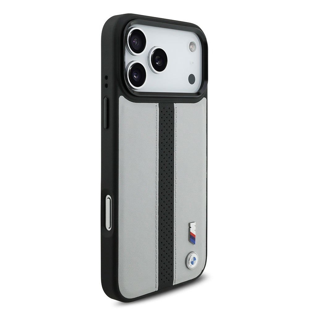 BMW iPhone 17 Pro Max Orjinal Lisanslı M-safe Deri Arka Yüzey Metal Logolu Delikli Şerit Tasarımlı Kılıf