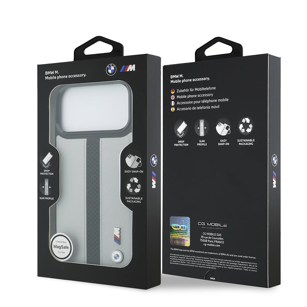 BMW iPhone 17 Pro Max Orjinal Lisanslı M-safe Deri Arka Yüzey Metal Logolu Delikli Şerit Tasarımlı Kılıf