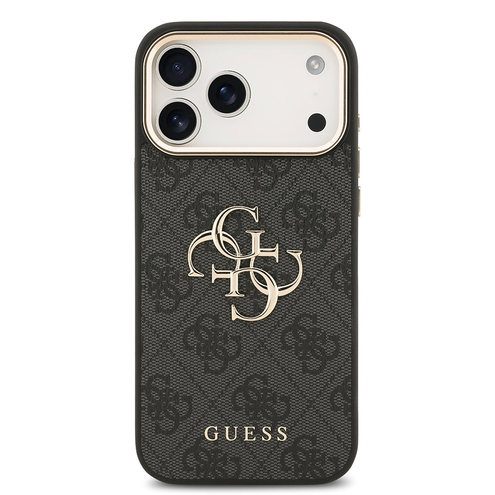 Guess iPhone 17 Pro Max Orjinal Lisanslı Gold Metal Kamera Çerçeveli 4G Desenli Metal Büyük 4G ve Yazı Logolu Kılıf