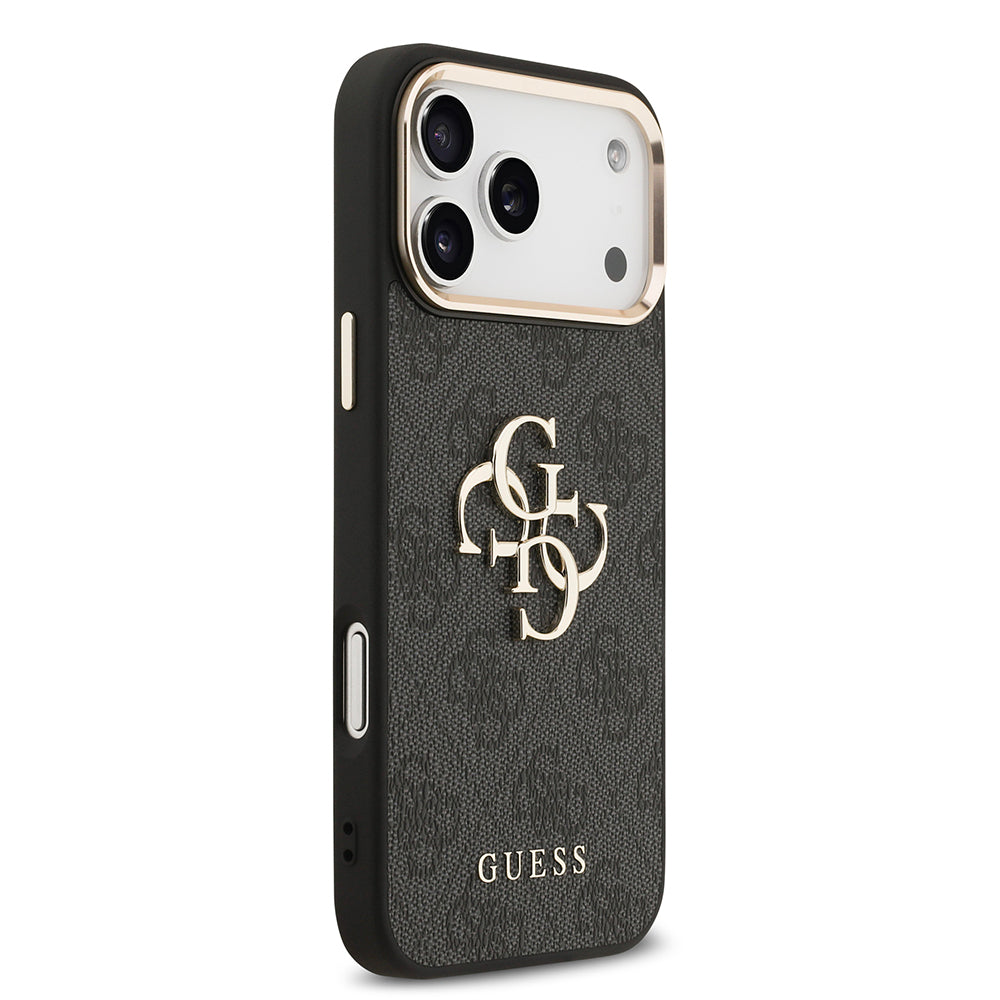 Guess iPhone 17 Pro Max Orjinal Lisanslı Gold Metal Kamera Çerçeveli 4G Desenli Metal Büyük 4G ve Yazı Logolu Kılıf