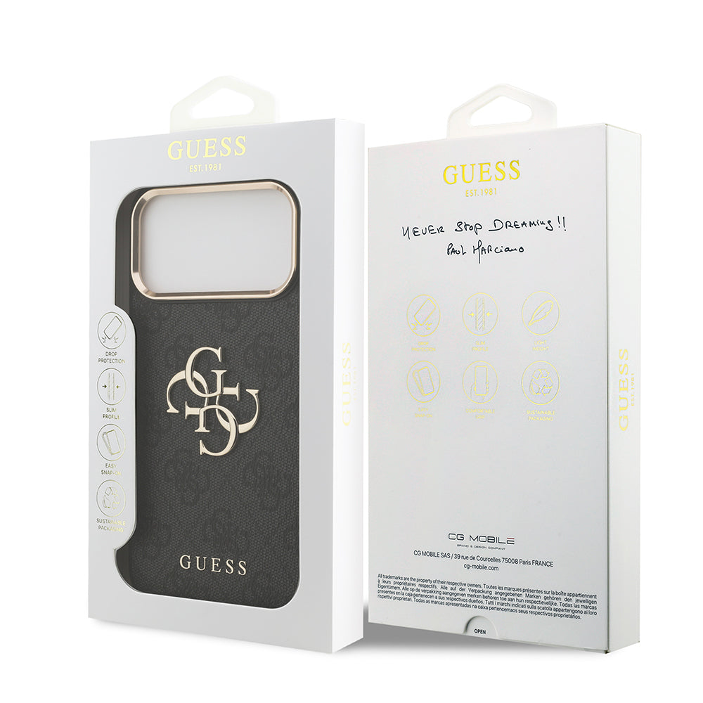 Guess iPhone 17 Pro Max Orjinal Lisanslı Gold Metal Kamera Çerçeveli 4G Desenli Metal Büyük 4G ve Yazı Logolu Kılıf