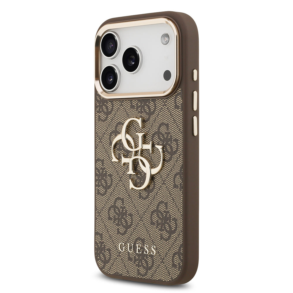 Guess iPhone 17 Pro Max Orjinal Lisanslı Gold Metal Kamera Çerçeveli 4G Desenli Metal Büyük 4G ve Yazı Logolu Kılıf