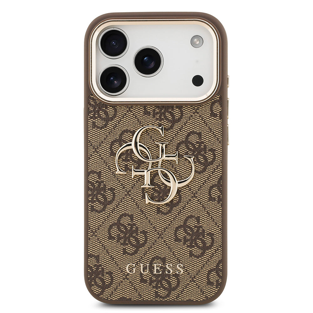 Guess iPhone 17 Pro Max Orjinal Lisanslı Gold Metal Kamera Çerçeveli 4G Desenli Metal Büyük 4G ve Yazı Logolu Kılıf