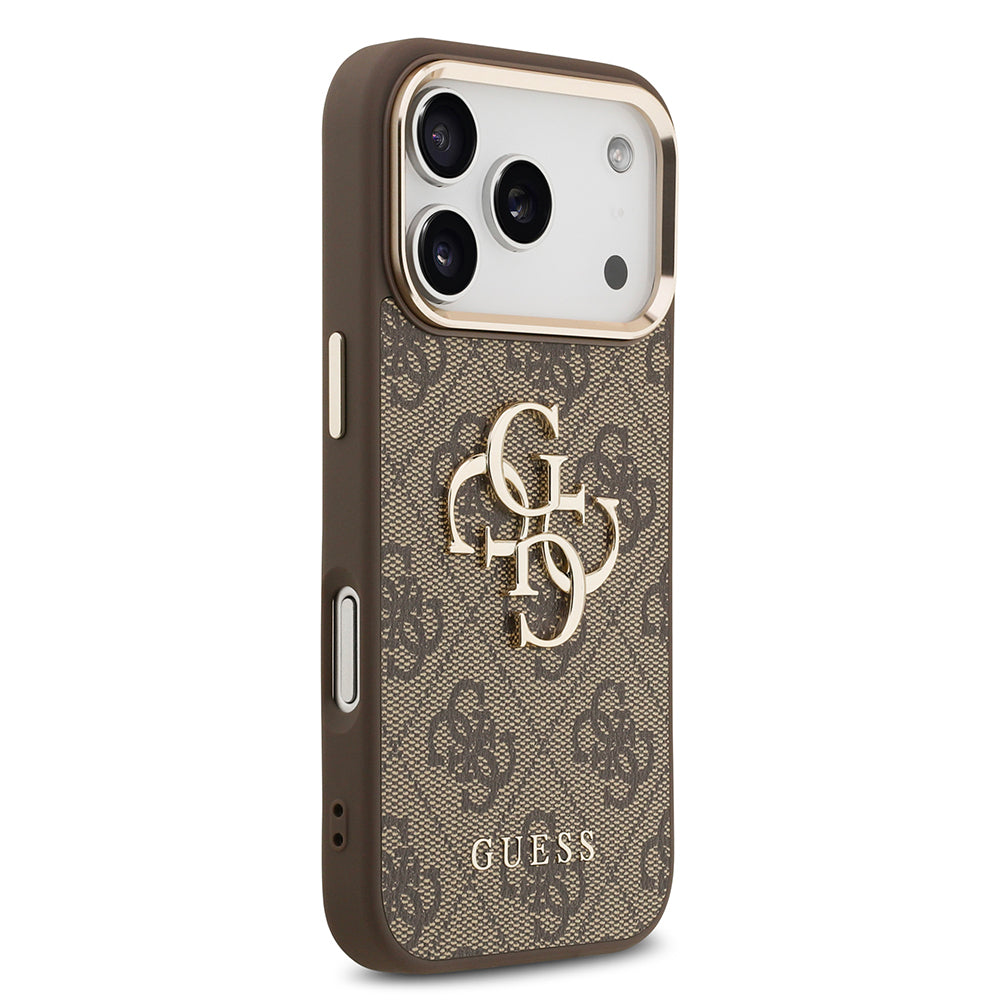 Guess iPhone 17 Pro Max Orjinal Lisanslı Gold Metal Kamera Çerçeveli 4G Desenli Metal Büyük 4G ve Yazı Logolu Kılıf