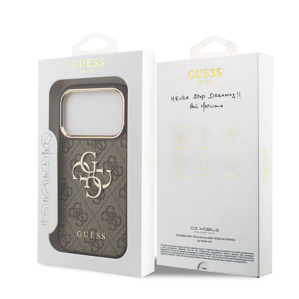 Guess iPhone 17 Pro Max Orjinal Lisanslı Gold Metal Kamera Çerçeveli 4G Desenli Metal Büyük 4G ve Yazı Logolu Kılıf