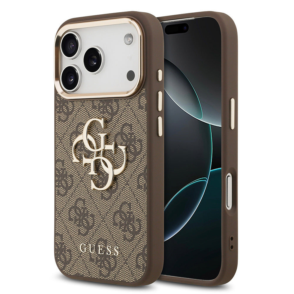 Guess iPhone 17 Pro Max Orjinal Lisanslı Gold Metal Kamera Çerçeveli 4G Desenli Metal Büyük 4G ve Yazı Logolu Kılıf