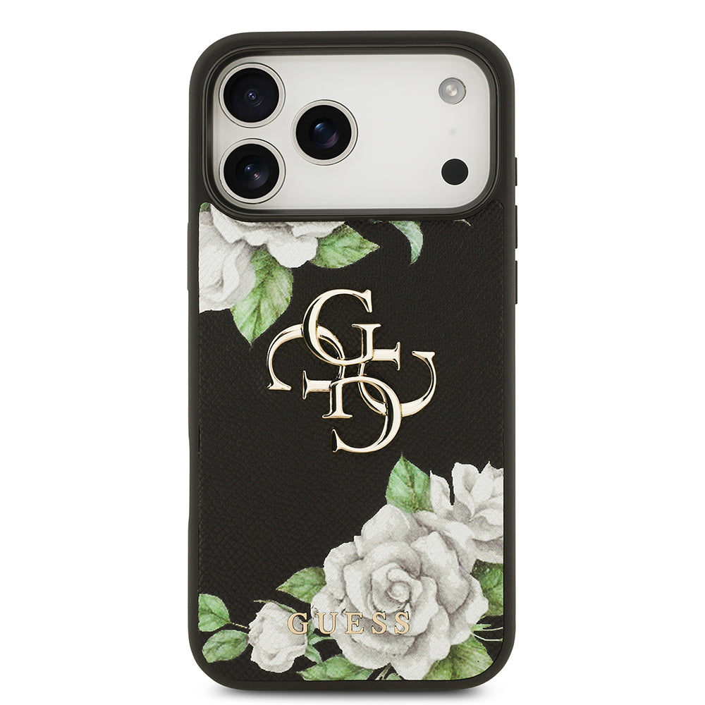 Guess iPhone 17 Pro Max Orjinal Lisanslı Gül Baskılı Büyük Metal Logo Dizaynlı Kılıf
