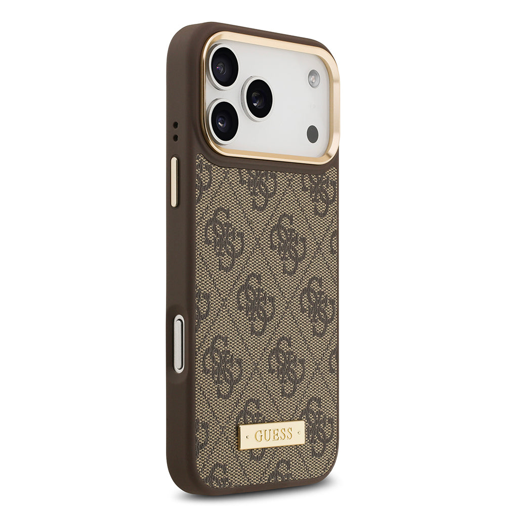 Guess iPhone 17 Pro Max Orjinal Lisanslı M-safe Şarj Özellikli 4G Desenli PU Metal Plaka Klasik Logolu Kılıf