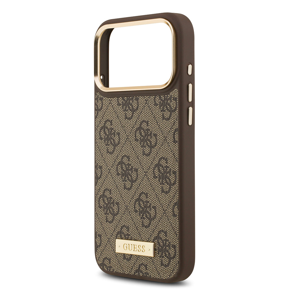 Guess iPhone 17 Pro Max Orjinal Lisanslı M-safe Şarj Özellikli 4G Desenli PU Metal Plaka Klasik Logolu Kılıf