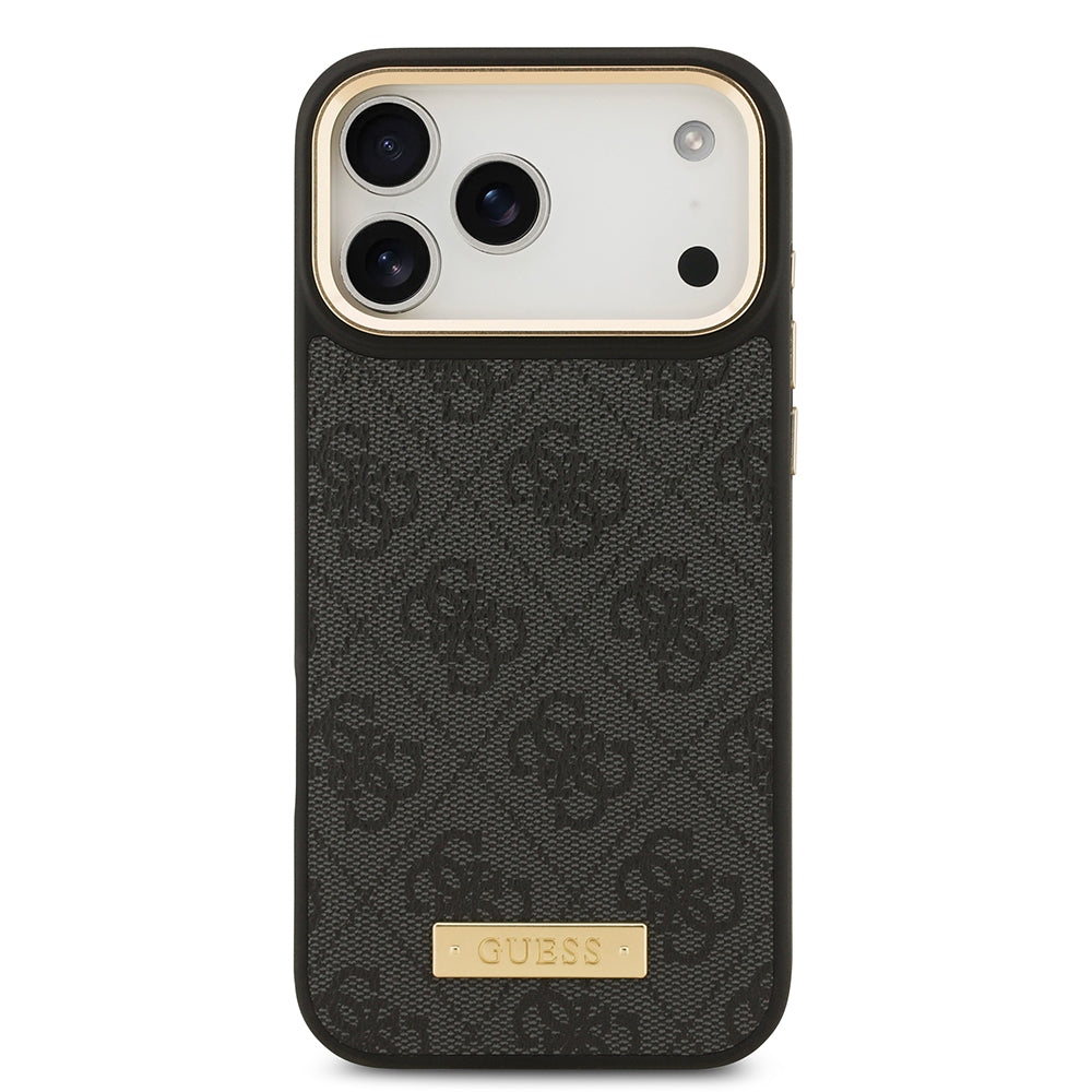 Guess iPhone 17 Pro Max Orjinal Lisanslı M-safe Şarj Özellikli 4G Desenli PU Metal Plaka Klasik Logolu Kılıf