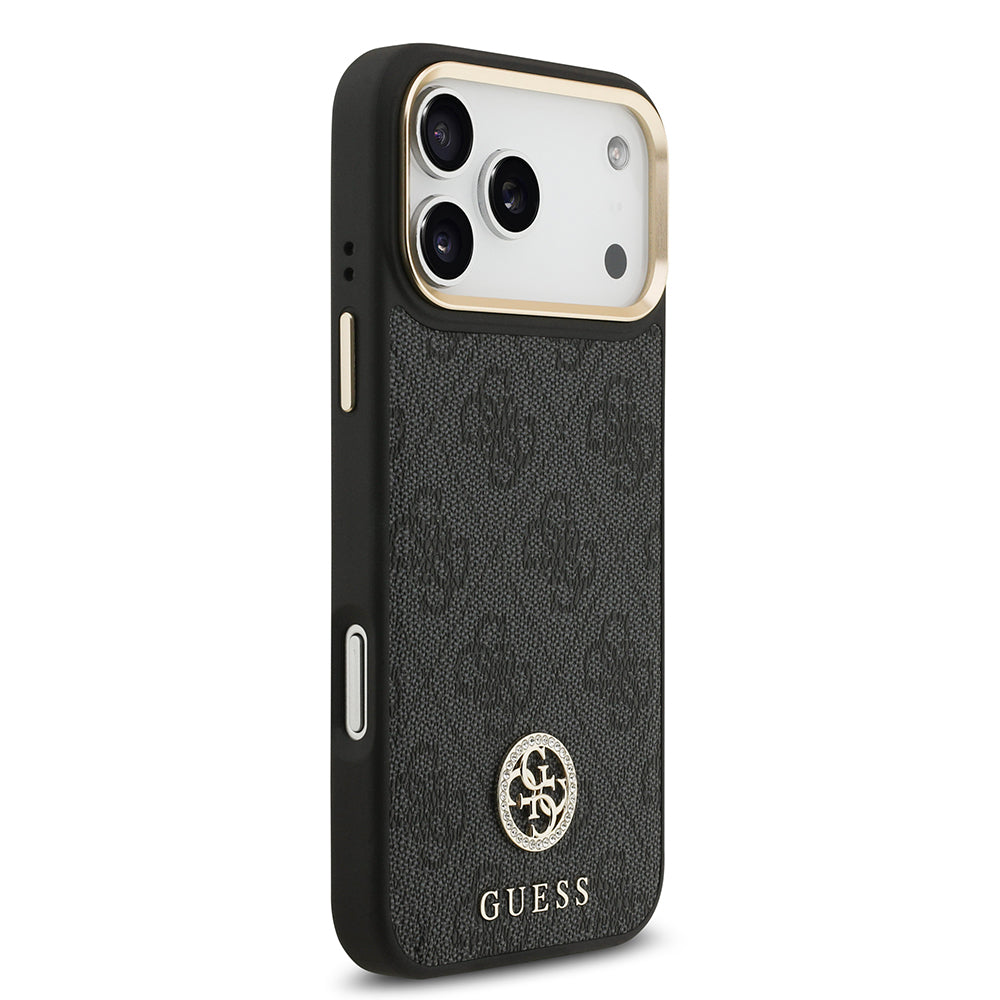 Guess iPhone 17 Pro Max Orjinal Lisanslı M-safe Şarj Özellikli Gold Metal Kamera Çerçeveli Taşlı 4G Logolu Kılıf