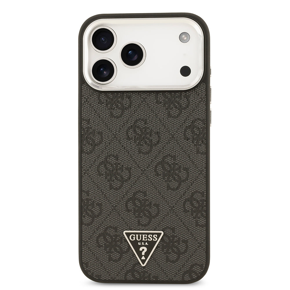 Guess iPhone 17 Pro Max Orjinal Lisanslı M-safe Gold Metal Kamera Çerçeveli Taşlı Üçgen Logo 4G Desenli Kılıf