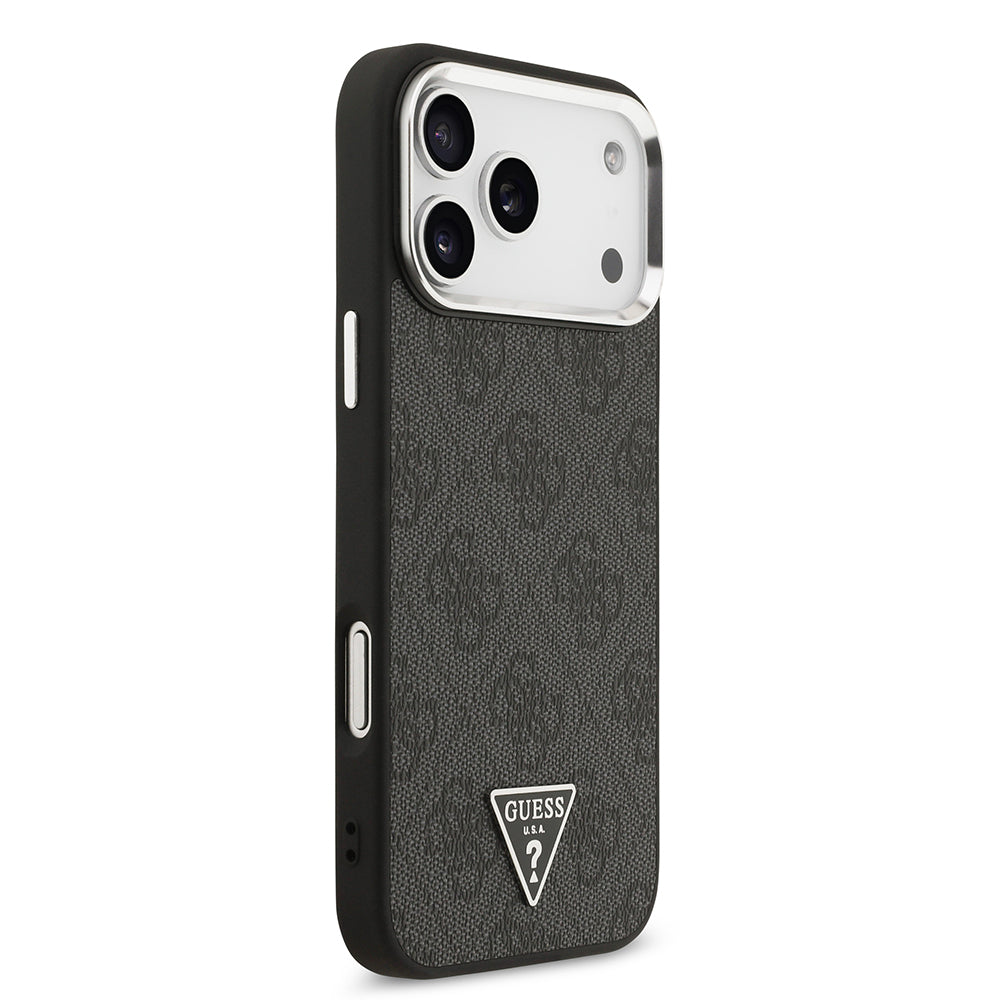Guess iPhone 17 Pro Max Orjinal Lisanslı M-safe Gold Metal Kamera Çerçeveli Taşlı Üçgen Logo 4G Desenli Kılıf