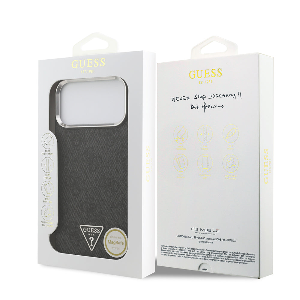 Guess iPhone 17 Pro Max Orjinal Lisanslı M-safe Gold Metal Kamera Çerçeveli Taşlı Üçgen Logo 4G Desenli Kılıf