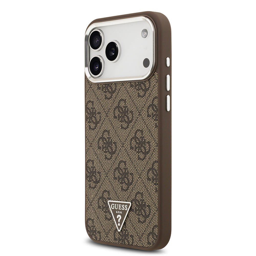 Guess iPhone 17 Pro Max Orjinal Lisanslı M-safe Gold Metal Kamera Çerçeveli Taşlı Üçgen Logo 4G Desenli Kılıf