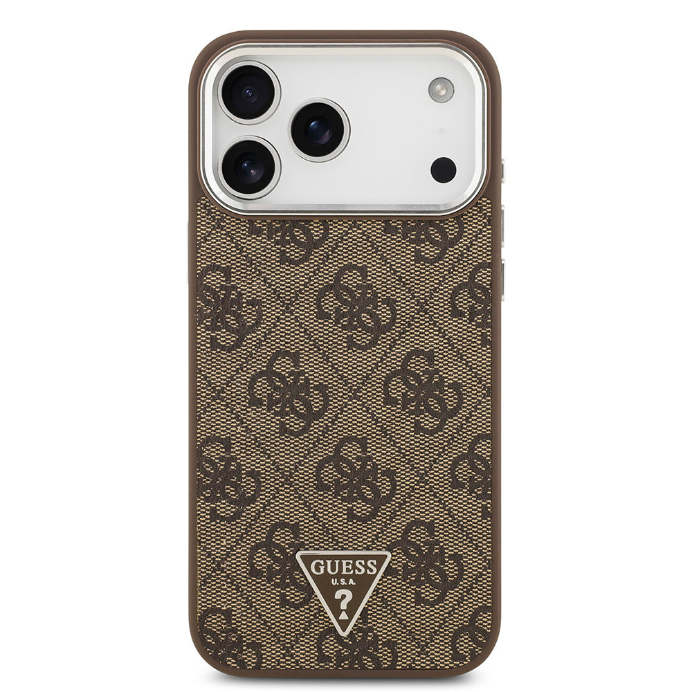 Guess iPhone 17 Pro Max Orjinal Lisanslı M-safe Gold Metal Kamera Çerçeveli Taşlı Üçgen Logo 4G Desenli Kılıf