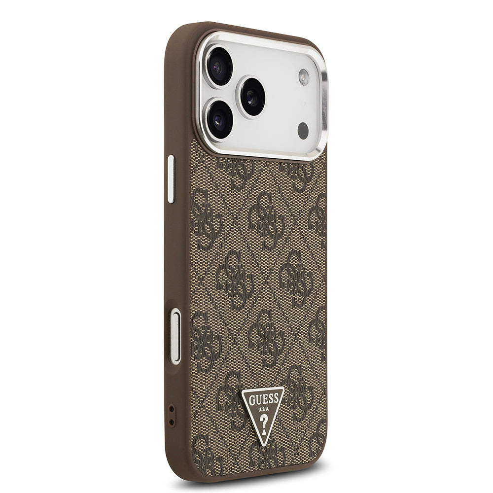 Guess iPhone 17 Pro Max Orjinal Lisanslı M-safe Gold Metal Kamera Çerçeveli Taşlı Üçgen Logo 4G Desenli Kılıf