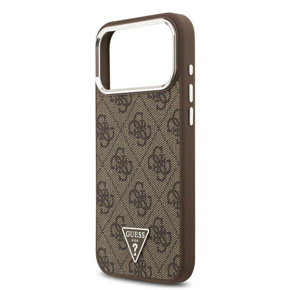 Guess iPhone 17 Pro Max Orjinal Lisanslı M-safe Gold Metal Kamera Çerçeveli Taşlı Üçgen Logo 4G Desenli Kılıf