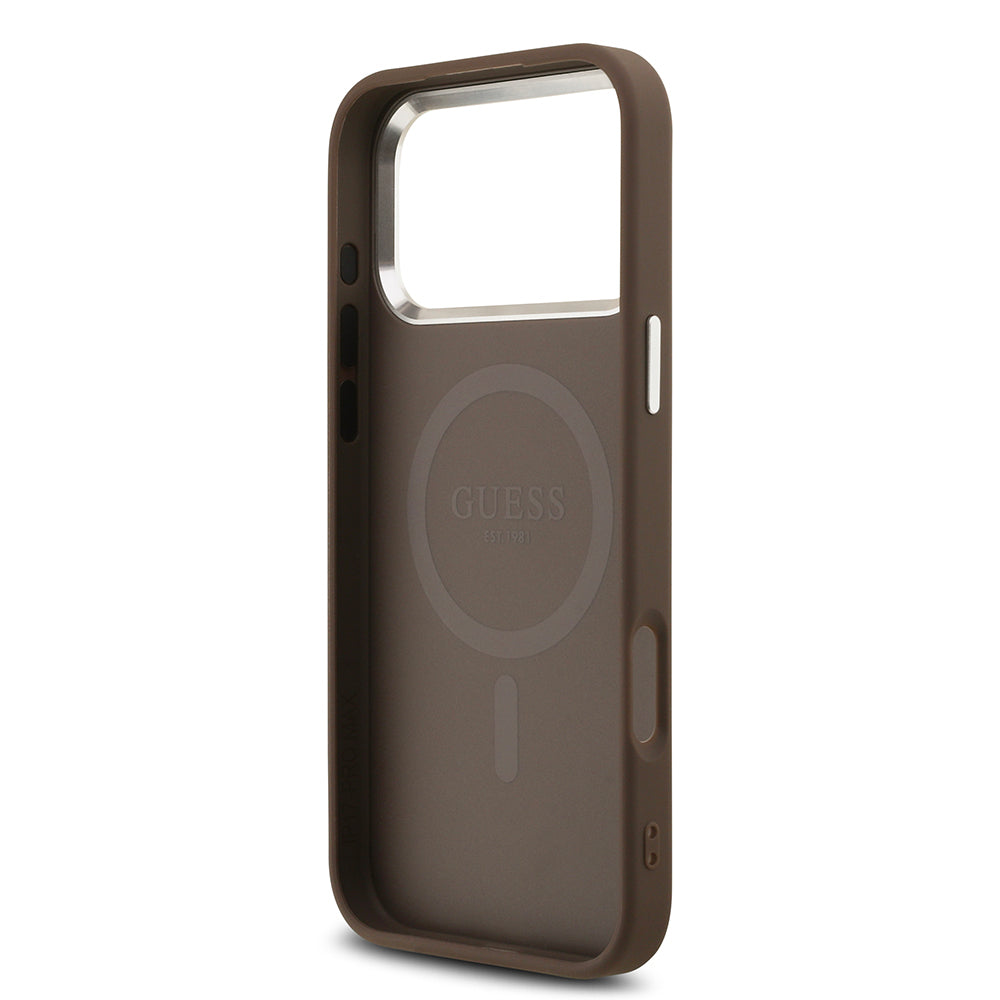 Guess iPhone 17 Pro Max Orjinal Lisanslı M-safe Gold Metal Kamera Çerçeveli Taşlı Üçgen Logo 4G Desenli Kılıf