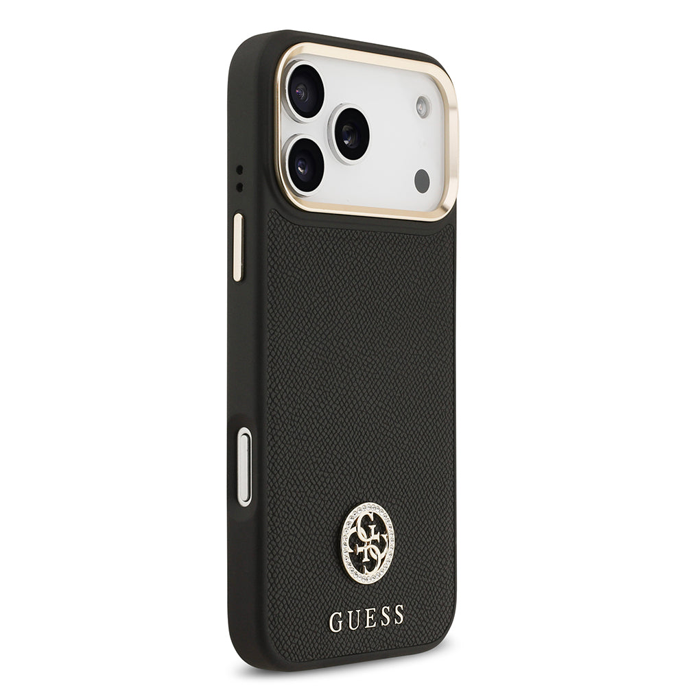 Guess iPhone 17 Pro Max Orjinal Lisanslı M-safe Şarj Özellikli Grained Yazı ve Taşlı 4G Logolu Kılıf