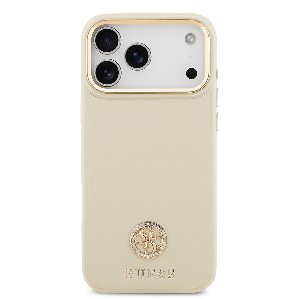 Guess iPhone 17 Pro Max Orjinal Lisanslı M-safe Şarj Özellikli Grained Yazı ve Taşlı 4G Logolu Kılıf