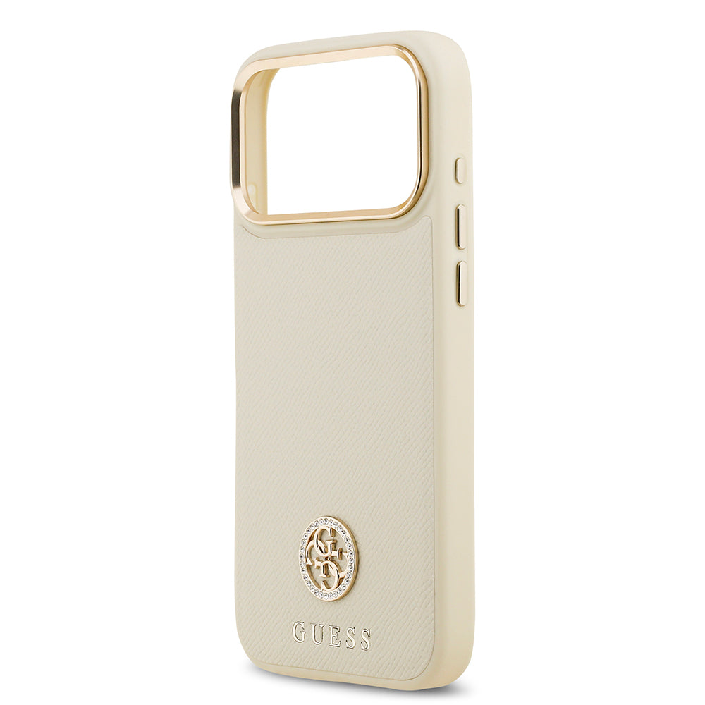 Guess iPhone 17 Pro Max Orjinal Lisanslı M-safe Şarj Özellikli Grained Yazı ve Taşlı 4G Logolu Kılıf