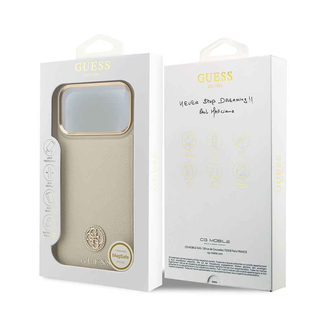 Guess iPhone 17 Pro Max Orjinal Lisanslı M-safe Şarj Özellikli Grained Yazı ve Taşlı 4G Logolu Kılıf