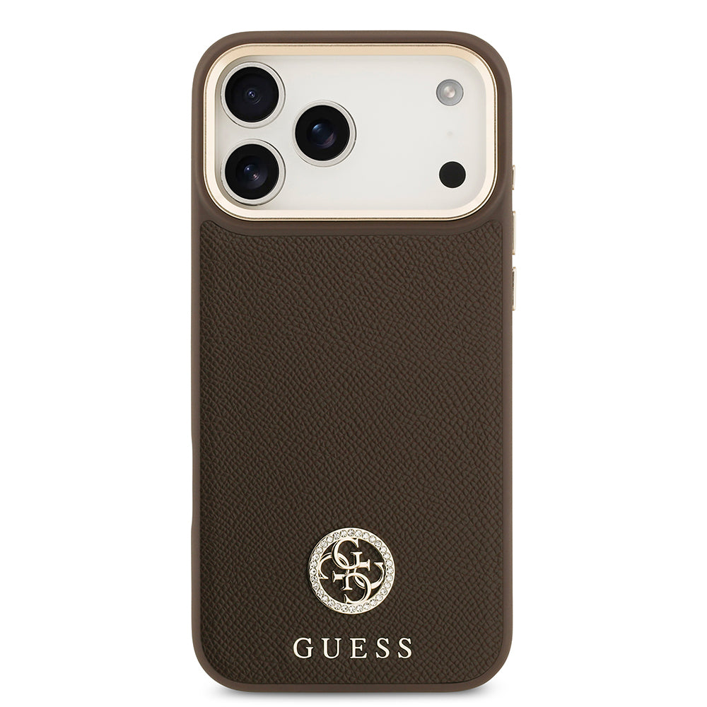 Guess iPhone 17 Pro Max Orjinal Lisanslı M-safe Şarj Özellikli Grained Yazı ve Taşlı 4G Logolu Kılıf