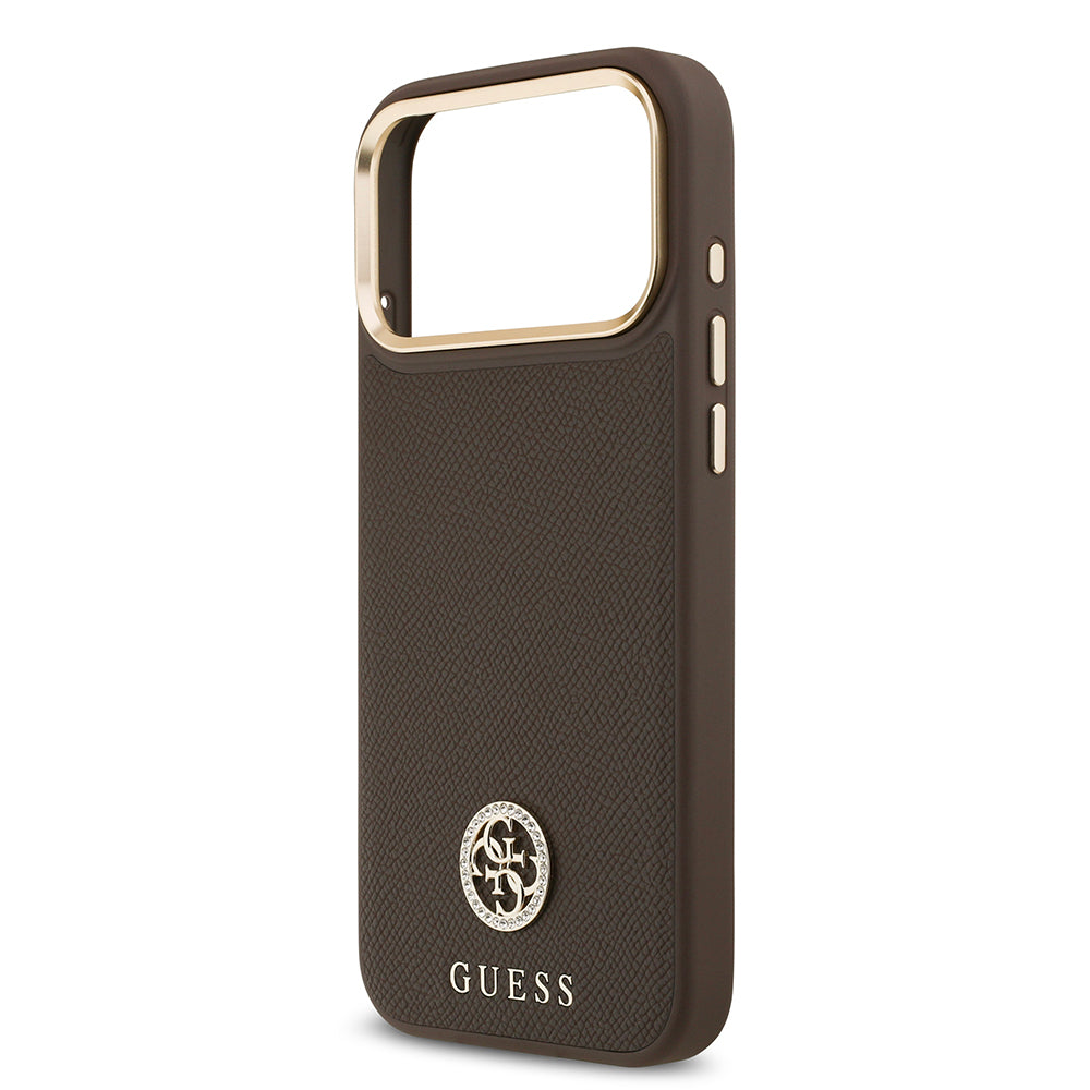 Guess iPhone 17 Pro Max Orjinal Lisanslı M-safe Şarj Özellikli Grained Yazı ve Taşlı 4G Logolu Kılıf