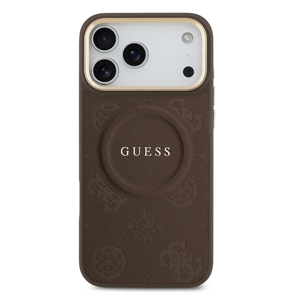 Guess iPhone 17 Pro Max Orjinal Lisanslı M-safe Şarj Özellikli Sıcak Baskılı Yazı Logolu PU Deri Peony Kılıf