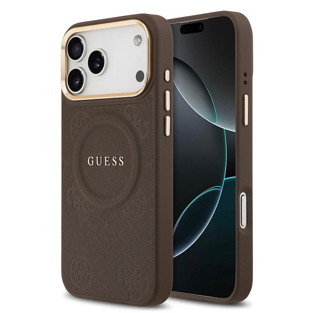 Guess iPhone 17 Pro Max Orjinal Lisanslı M-safe Şarj Özellikli Sıcak Baskılı Yazı Logolu PU Deri Peony Kılıf